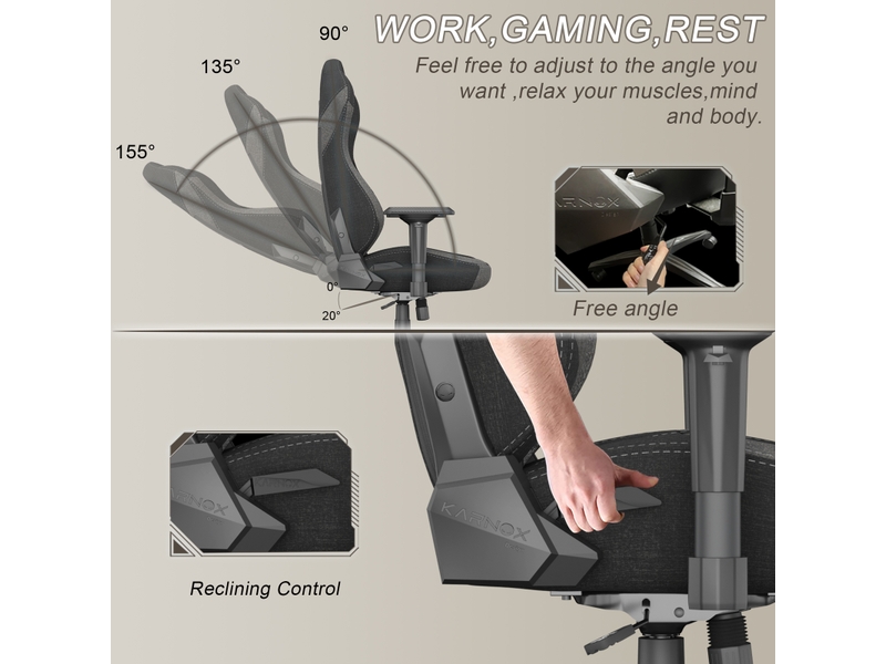  Chaise gaming ergonomique en tissu gris foncé, dossier haut, appuie-tête et soutien lombaire, inclinable à 155° avec verrouillage  - Conforama E