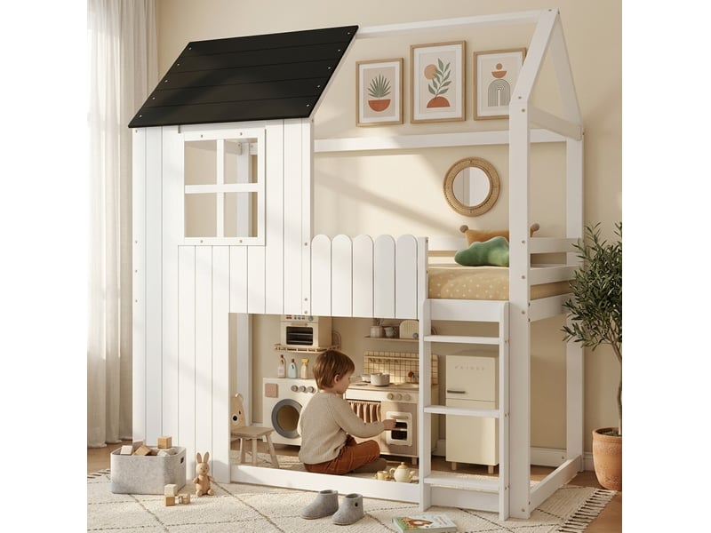  Lit mezzanine enfant 90x200 cm, lit cabane avec toit, escalier à 3 marches, structure pin mdf, blanc noir, sans matelas  - Conforama D