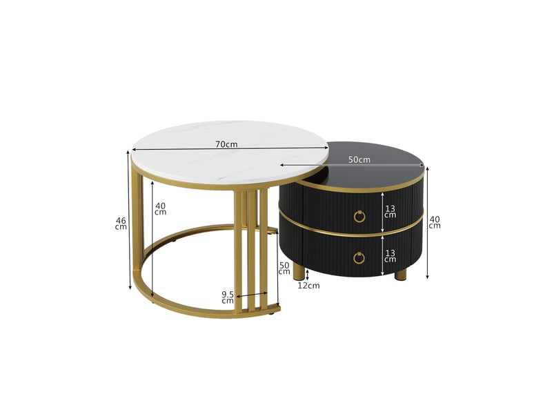  Table basse ronde 2 en 1 en mdf, table d'appoint avec plateau brillant et plateau en marbre blanc, combinaison table basse salon avec 2 tiroirs, 70 x 70 x 46 + 50 x 50 x 40 cm  - Conforama C
