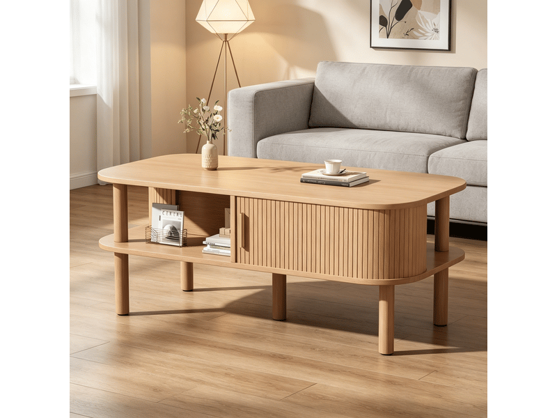  Table basse scandinave avec rangement porte coulissante 110 cm - bois naturel  - Conforama W