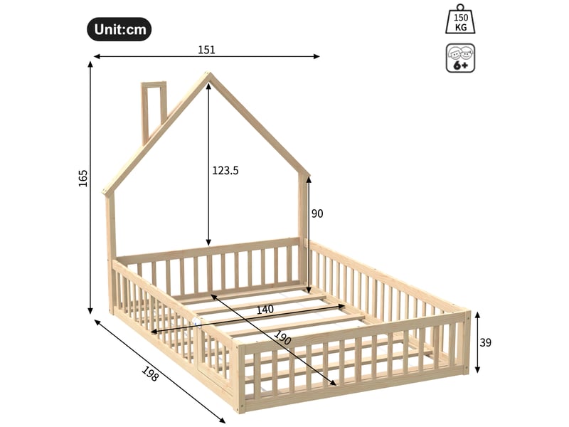  Lit cabane 140 x 190 cm, enfant en forme de cheminée, sommier à lattes, matelas non inclus, en pin,, naturel  - Conforama D