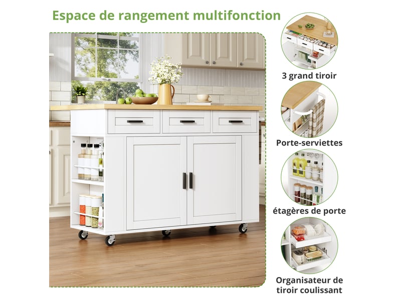  Desserte de cuisine 120 x 45-70 x 84 cm avec plateau rabattable, prises usb, rangements, tiroirs et roulettes  - Conforama E