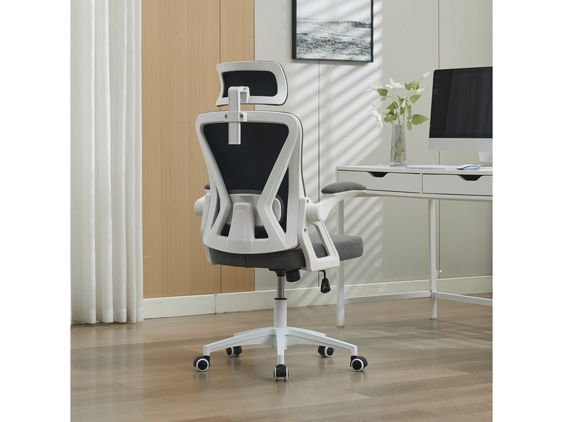  Chaise de bureau ergonomique avec accoudoirs relevables - lpospi - dossier en maille, tissu rembourré - gris  - Conforama C
