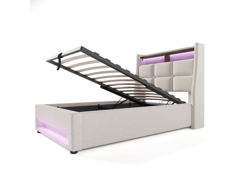  Lit 1 personne 90x200 cm avec matelas, structure de lit avec tête de lit en lin, beige, lit simple led avec sommier à lattes  - Conforama B