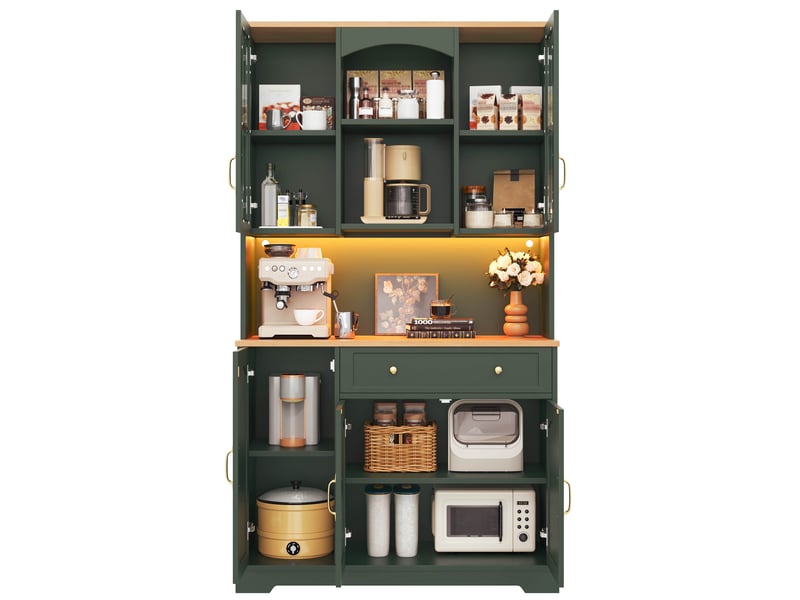 Buffet de cuisine avec 2 portes vitrées, tiroir, étagères réglables et led pour salon, en mdf vert gris 100×38×178 cm - Conforama A