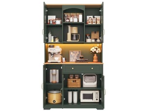Buffet de cuisine avec 2 portes vitrées, tiroir, étagères réglables et led pour salon, en mdf vert gris 100×38×178 cm