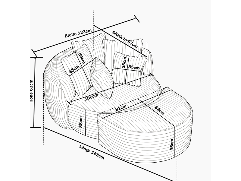  Fauteuil avec pouf rond sans pieds, dossier et accoudoirs avec 5 coussins, pour salon en chenille gris foncé  - Conforama C