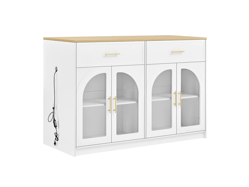  Desserte de cuisine led avec 2 tiroirs, étagères réglables et portes vitrées, en mdf, blanc, 135 × 55 × 91 cm  - Conforama A