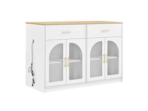 Desserte de cuisine led avec 2 tiroirs, étagères réglables et portes vitrées, en mdf, blanc, 135 × 55 × 91 cm