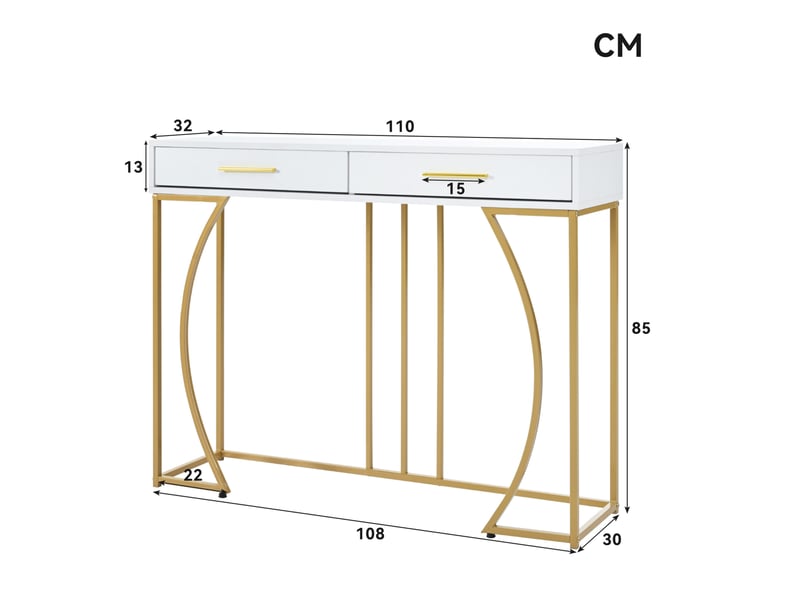  Table console avec 2 tiroirs 110 x 32 x 85 cm en mdf et métal blanc et doré  - Conforama C