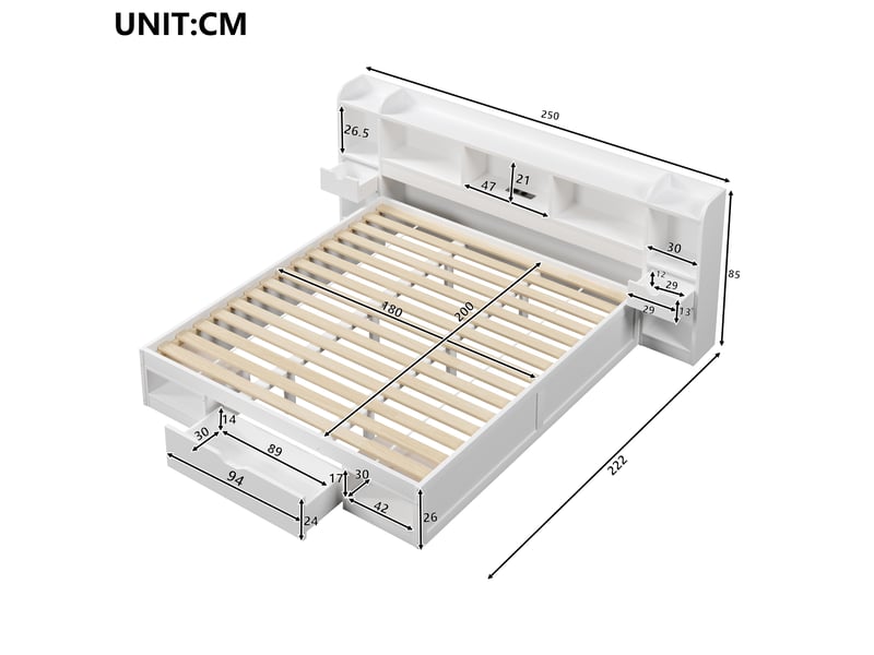  Lit double 180x200 cm avec plusieurs espaces de rangement, 3 tiroirs, led, usb, mdf blanc, sans matelas  - Conforama C