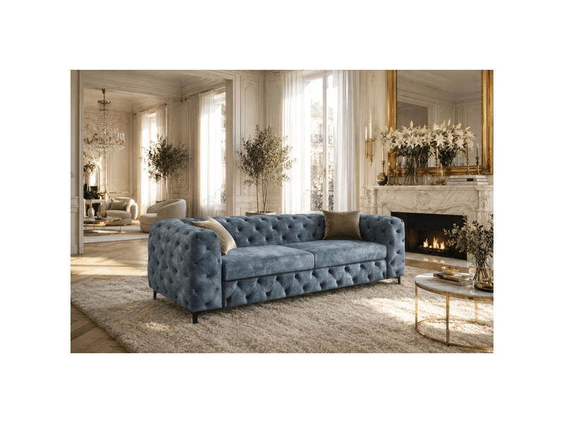  Canapé droit velena 3 places en velours capitonné – bleu – 235 x 74 x 95 cm  - Conforama D