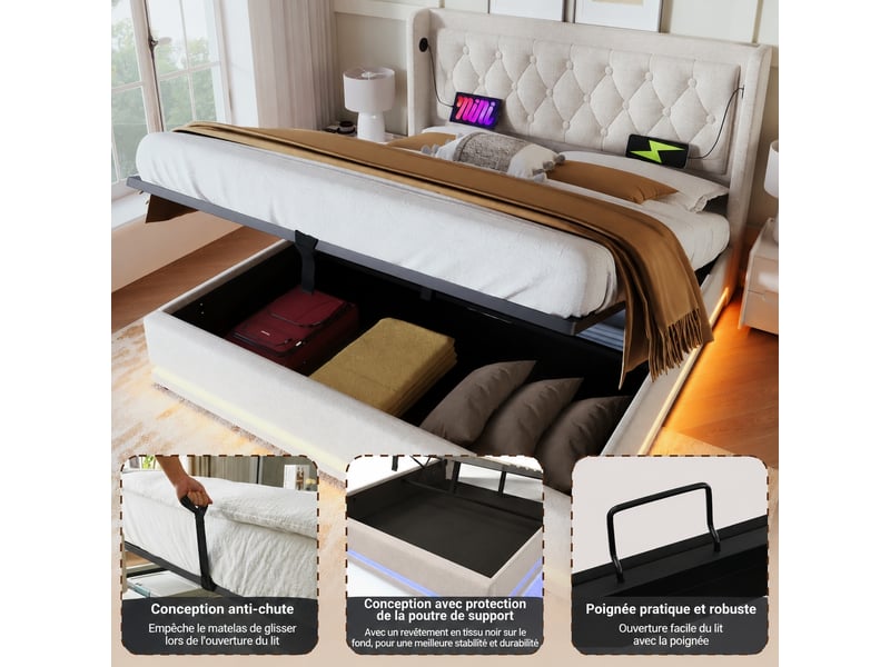 Lit coffre hydraulique 180 x 200 cm, coton beige, tête capitonnée, led et usb type-c - Conforama E