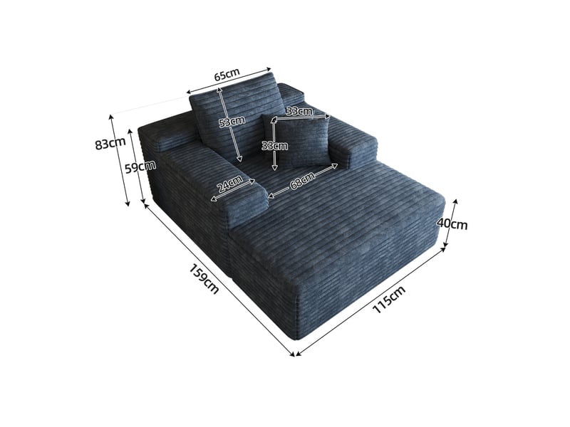  Méridienne 1 place modulaire avec assise profonde sans montage et coussin, en velours côtelé bleu 115 × 159 cm  - Conforama E