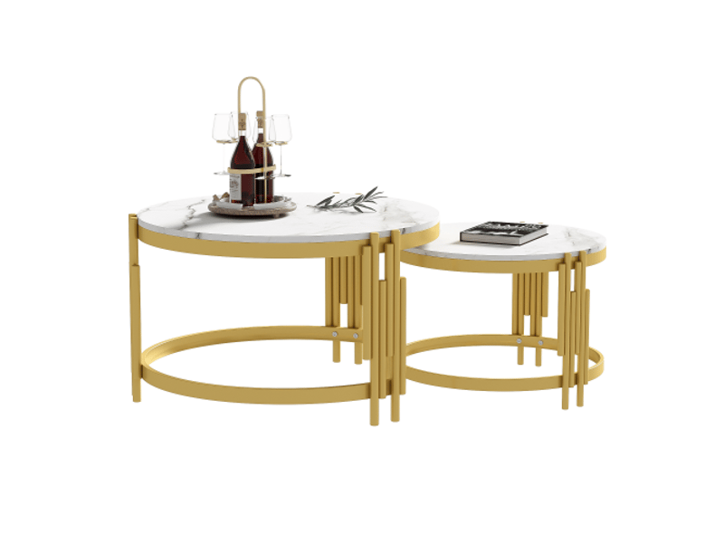 Tables basses modulables, tables rondes, aspect marbre, structure en métal doré, disponibles en deux tailles - Conforama A