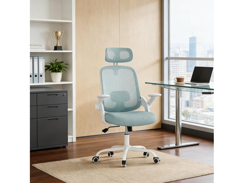  Chaise de bureau ergonomique 63,5x47x117,5 cm – bleu – dossier haut, appui réglable et gain de place  - Conforama B