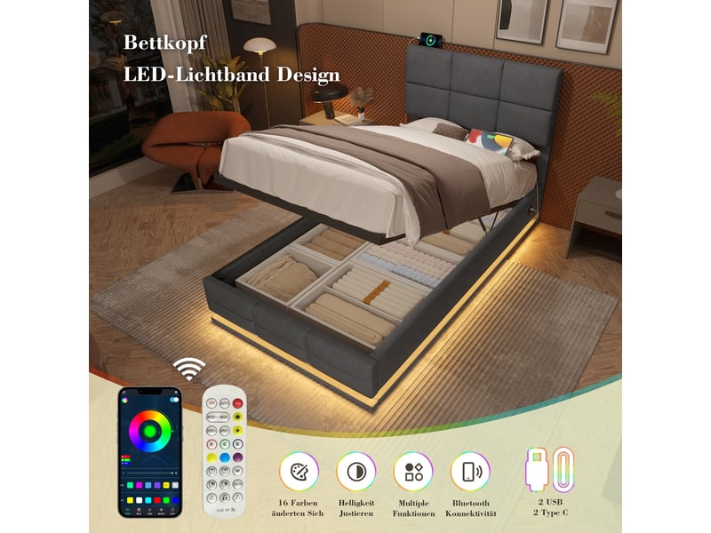  Lit coffre rembourré 90x200 cm gris en velours, led, usbtype-c, rangement xxl  - Conforama B