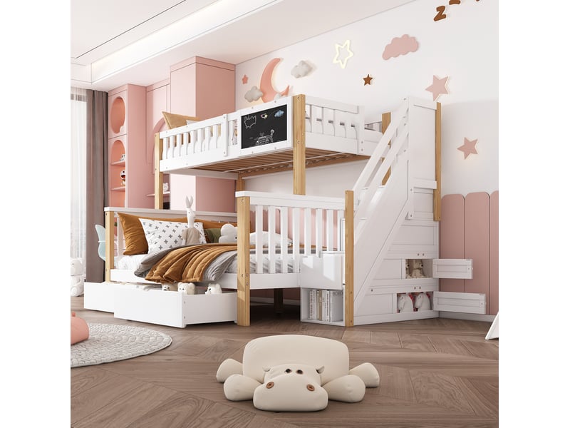  Lit superposé enfant 90x200 cm et 140x200 cm avec tableau et rangements, bois et mdf, blanc et chêne clair, sans matelas  - Conforama D
