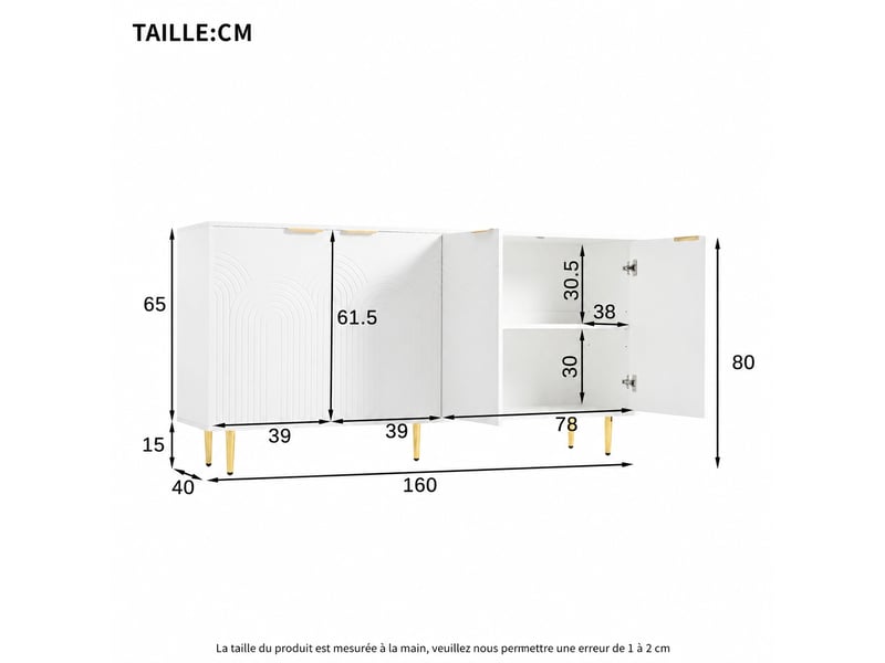  Buffet blanc 4 portes rainurées, poignées dorées brossées, étagères réglables, 160 x 40 x 80 cm  - Conforama C