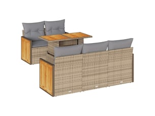 Salon de jardin 6 pcs avec coussins beige résine tressée acacia