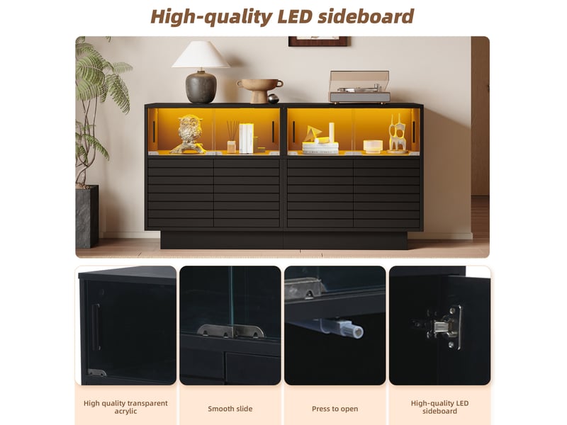  Buffet bas noir avec led, 4 portes vitrées coulissantes – 130 x 35 x 68 cm  - Conforama E