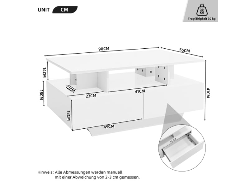  Table basse 90 x 55 x 41 cm éclairage led 2 tiroirs rangement charge maximale 30 kg effet haut brillance  - Conforama E
