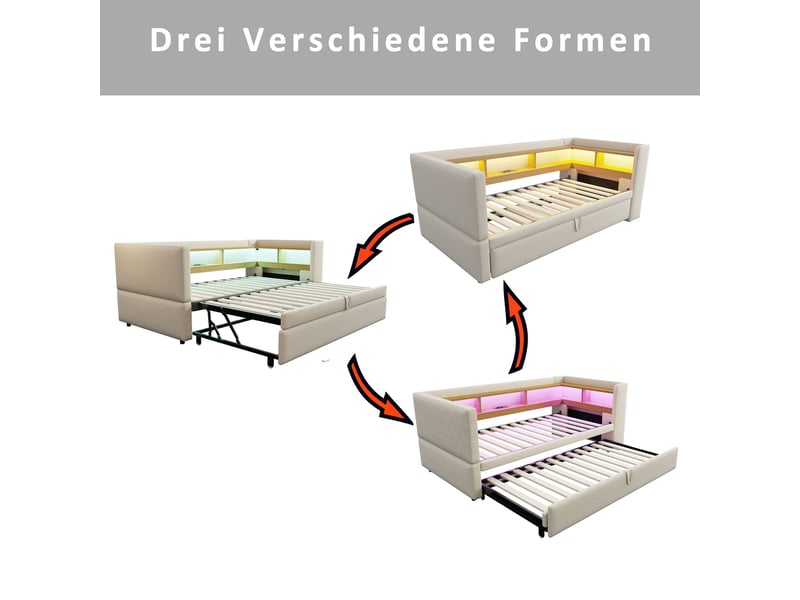  Canapé-lit escamotable 90x180x190cm avec leds, prises et rangements, en tissu beige, sans matelas.  - Conforama E