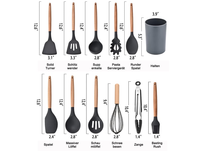  Set de 12 ustensiles de cuisine,meulva,32x10x10 cm,silicone et bois,noirs et bois  - Conforama C
