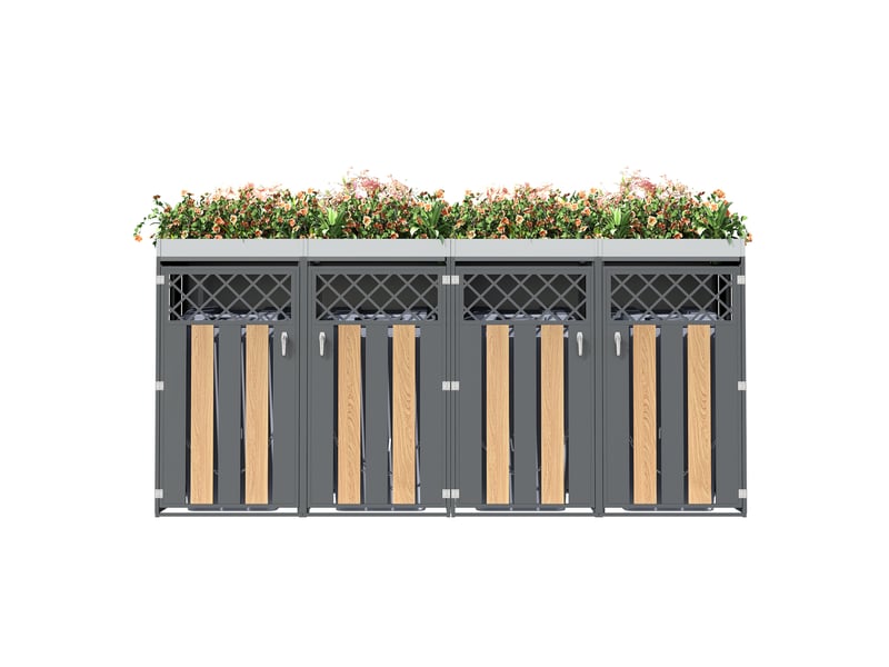  Abri de poubelles à 4 compartiments verrouillables en acier galvanisé, jardinière intégrée gris bois  - Conforama A