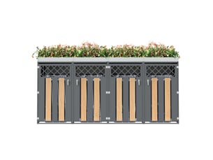Abri de poubelles à 4 compartiments verrouillables en acier galvanisé, jardinière intégrée gris bois