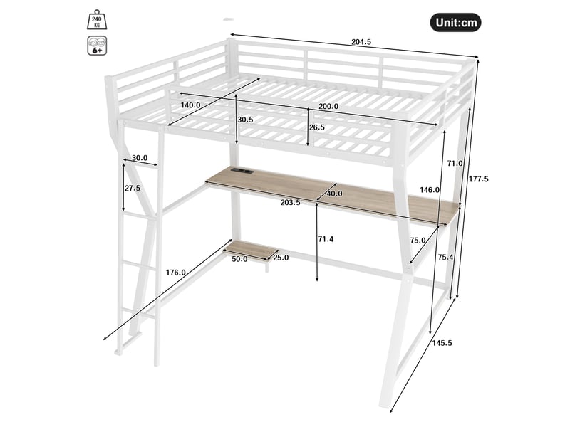  Lit mezzanine 140x200cm coloris blanc led métal lit enfant blanc - Conforama C