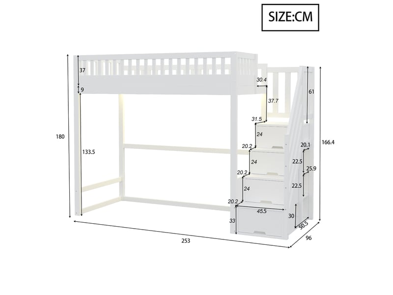  Lit mezzanine 90x200 cm escalier de rangement et led en bois blanc  - Conforama E