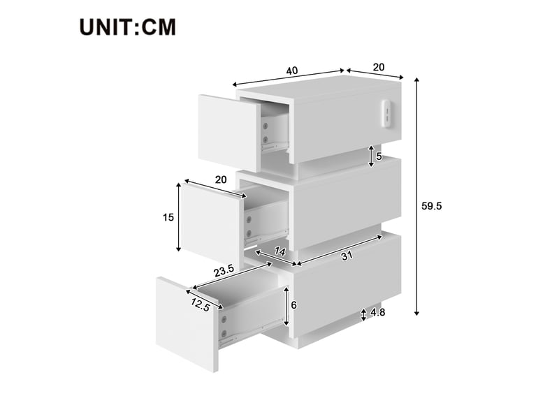  Lot de 2 tables de chevet blanches 20x40x59,5 cm, 3 tiroirs, prises et led  - Conforama C