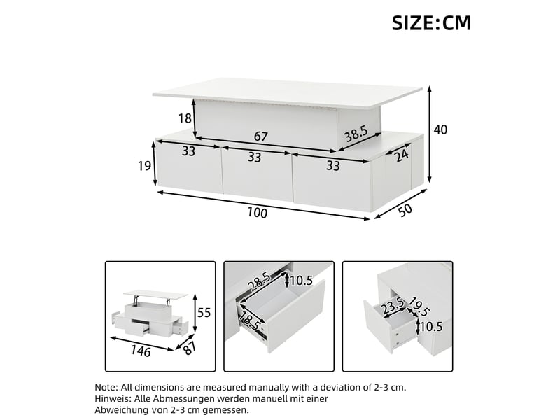  Table basse relevable avec 4 tiroirs, niche ouverte, led et rangement dissimulé pour salon, 100 × 50 × 40 cm  - Conforama D