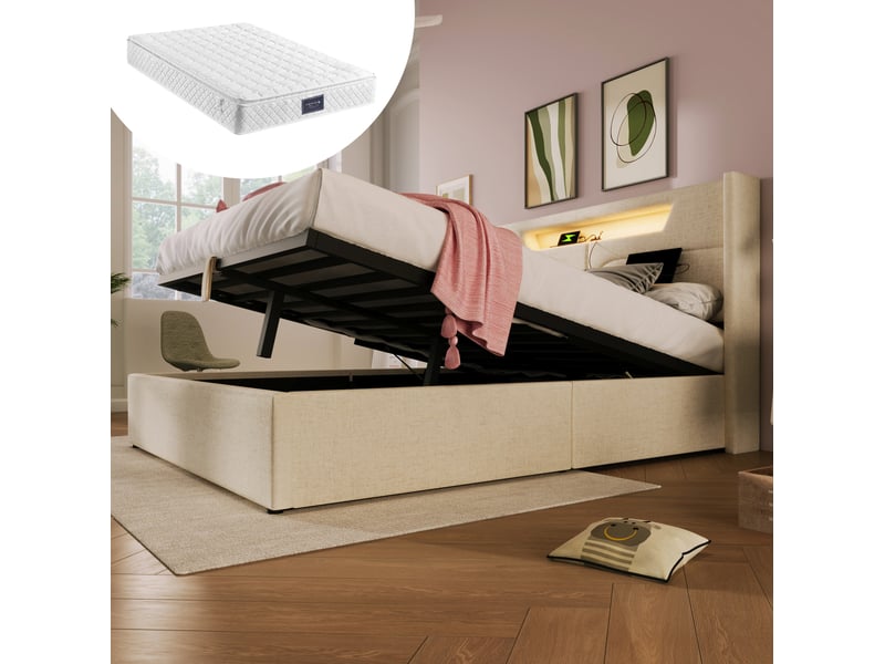  Lit coffre 140 × 200 cm 2 places avec led, usb et type-c, tête de lit rembourrée, matelas inclus, en lin beige  - Conforama C