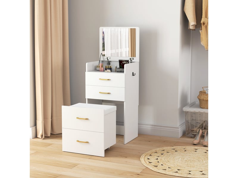  Coiffeuse 3 en 1 avec miroir, table de chevet, tabouret à roulettes et tiroirs, blanche  - Conforama D