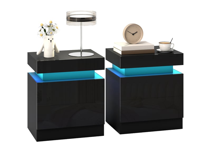 Ensemble de 2 tables de chevet led avec 16 couleurs et 4 modes d'éclairage, 2 tiroirs, en bois, 45 x 35 x 52 cm, noir - Conforama A