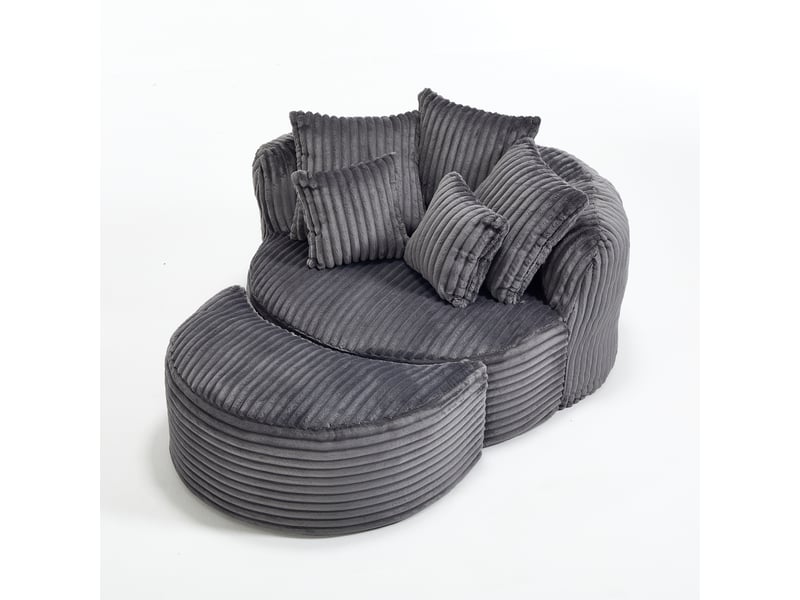  Fauteuil avec pouf rond pour lecture, dossier et accoudoirs avec cinq coussins, en velours côtelé gris foncé  - Conforama A
