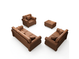 Salon chesterfield 4 places avec pouf en simili cuir marron, 210 cm
