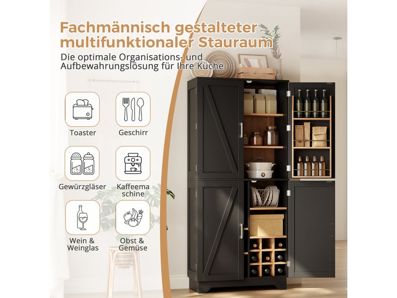 Armoire de cuisine 4 portes avec casier à vin en mdf noir et naturel 80x40x180 cm  - Conforama E