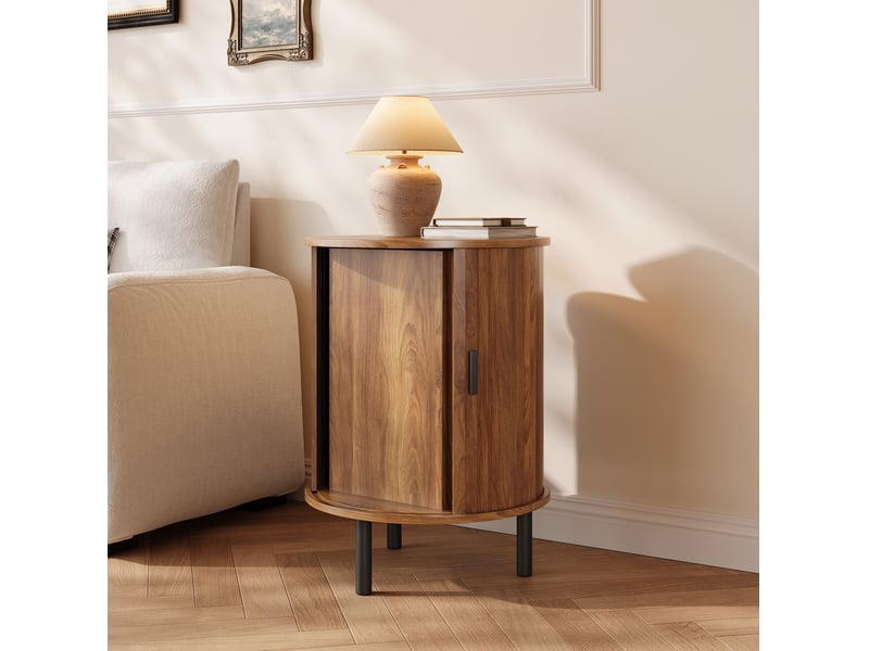  Bout de canapé rond 48 x 48 x 65 cm avec porte coulissante, rangement 2 niveaux, décor noyer  - Conforama B