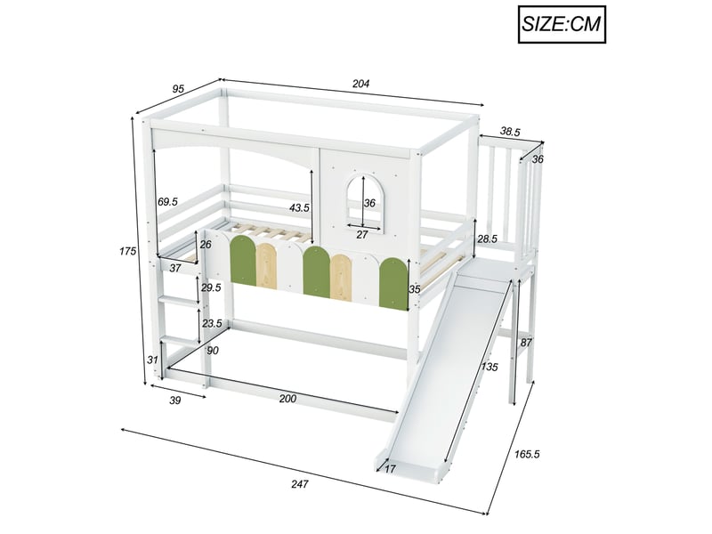  Lit mezzanine enfant 90 × 200 cm 1 place avec toboggan, échelle de sécurité et rangement, sans matelas, bois blanc  - Conforama D