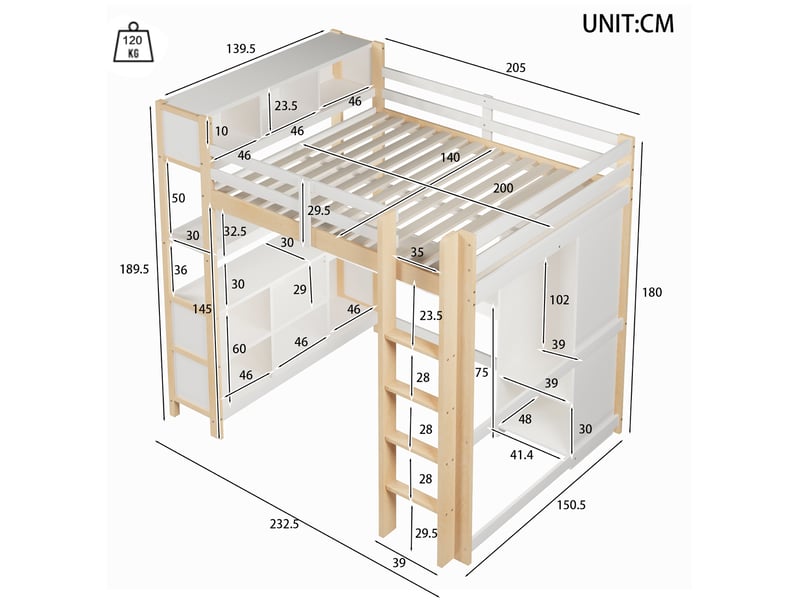 Lit mezzanine 140x200 cm avec bureau, étagères et armoire en pin et mdf - Conforama E