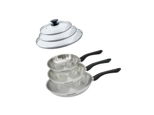 Set 3 poêles 20 24 et 28 cm en inox et 3 couvercles verre fackelmann geneva