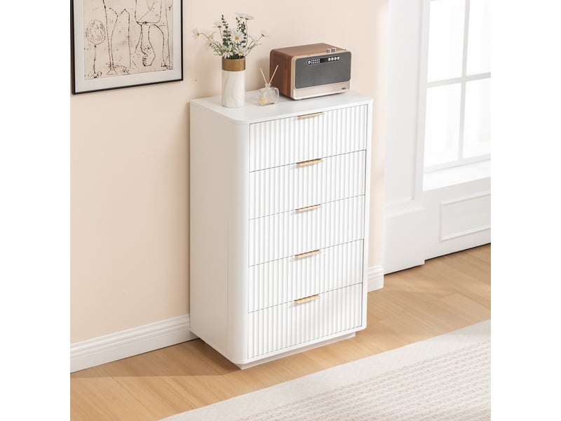  Commode à 5 tiroirs, 108 x 40 x 70 cm, meuble de rangement blanc moderne avec poignées en métal, pour chambre, salon ou entrée  - Conforama D