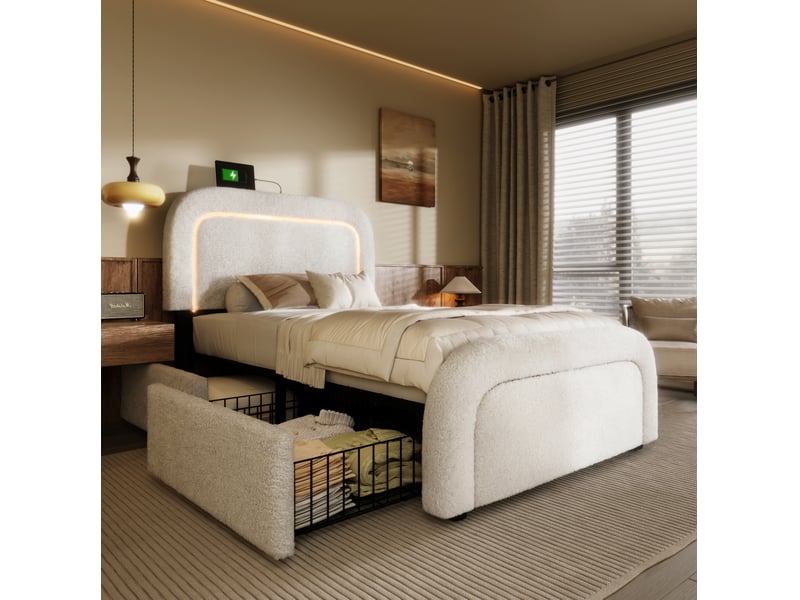  Modenvie lit 1 place 90x200 cm - led, ports usb-c et 2 tiroirs, tête de lit réglable, sans matelas - blanc  - Conforama B