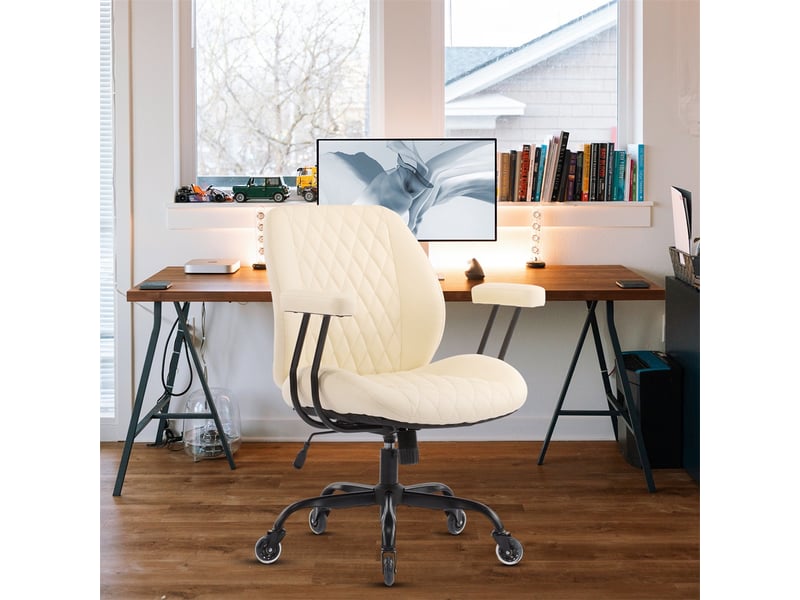  Chaise de bureau ergonomique 57 x 51 x 92 cm – assise large ressorts roulettes roller et accoudoirs amovibles – cuir - blanc  - Conforama D