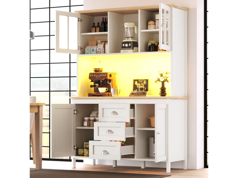  Meuble de cuisine muvano, buffet haut blanc avec éclairage led, 4 portes et 3 tiroirs  - Conforama C