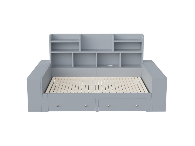  Lit enfant 90x200 cm extensible 180 cm, lit multifonctionnel avec rangement et led, bois gris, sans matelas  - Conforama E