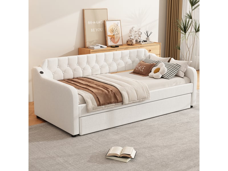  Canape lit 90x200 cm avec lit gigogne à roulettes, lit enfant avec prise usb, cadre de lit 2 personnes en beige  - Conforama D